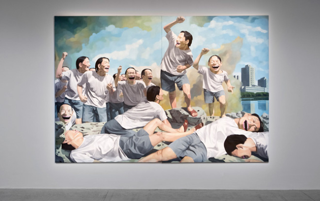 Yue Minjun © Freedom leading the people, huile de 250 × 360 cm, 1995-1996, collection M + Sigg